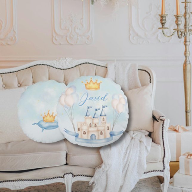 Little Prince gold crown Watercolor castle blue Round Cushion (Creator Uploaded)