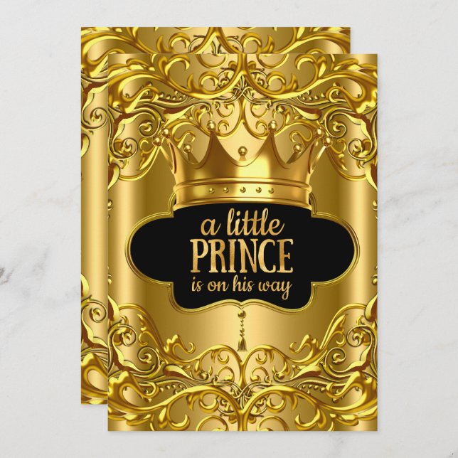 Little Prince is on his way Baby Shower Golden Invitation (Front/Back)