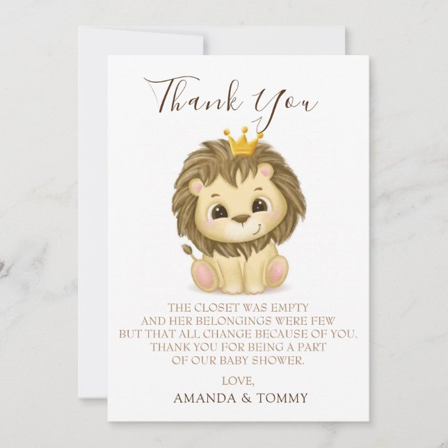 Little Prince Lion Boy Baby Shower Thank You Card (Front)