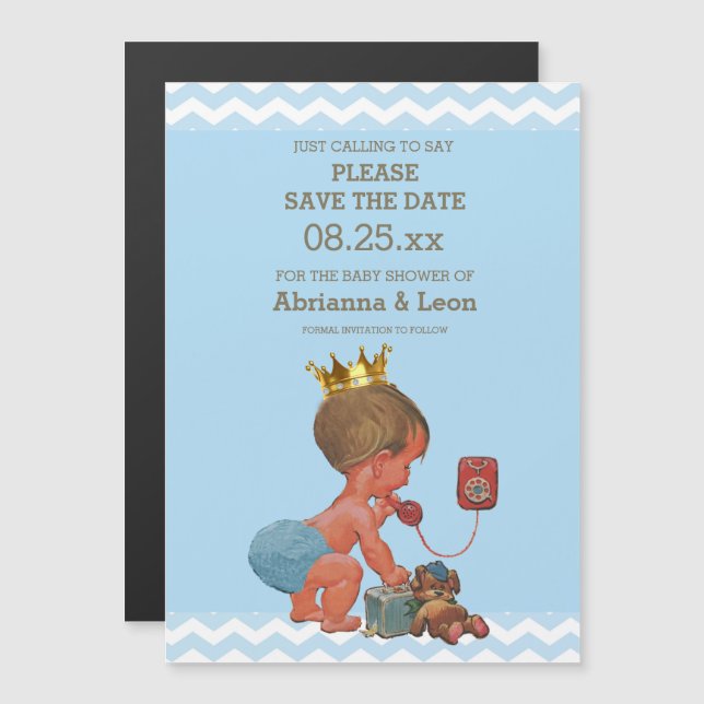 Little Prince on Phone Save The Date Grey Blue Magnetic Invitation (Front/Back)