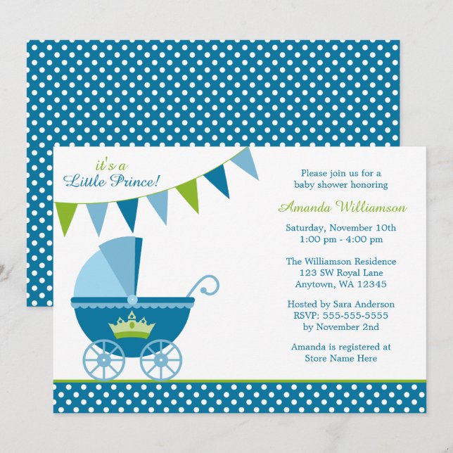 Little Prince Polka Dot Bunting Boy Baby Shower Invitation (Front/Back)