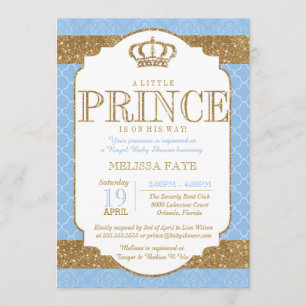 Little Prince Royal Baby Blue Gold Baby Shower Invitation