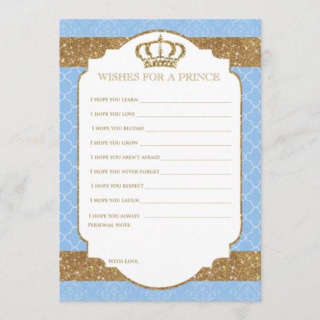 Little Prince Royal Baby Blue Gold Wishes for Baby Advice Card (Front)