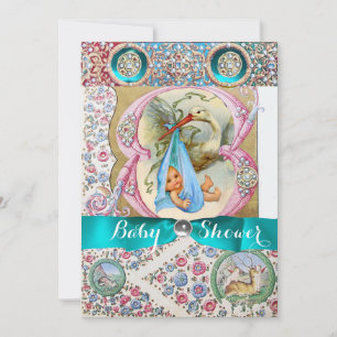 LITTLE PRINCE STORK BABY SHOWER,FLORAL GEMSTONES INVITATION