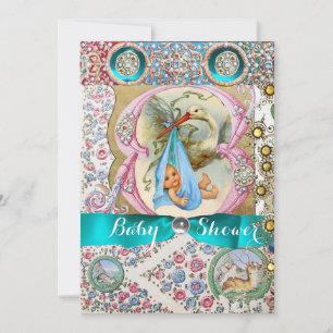 LITTLE PRINCE STORK BABY SHOWER,FLORAL GEMSTONES INVITATION