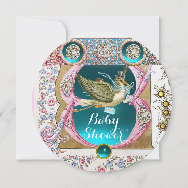 LITTLE PRINCE STORK BABY SHOWER,FLORAL GEMSTONES INVITATION (Front)