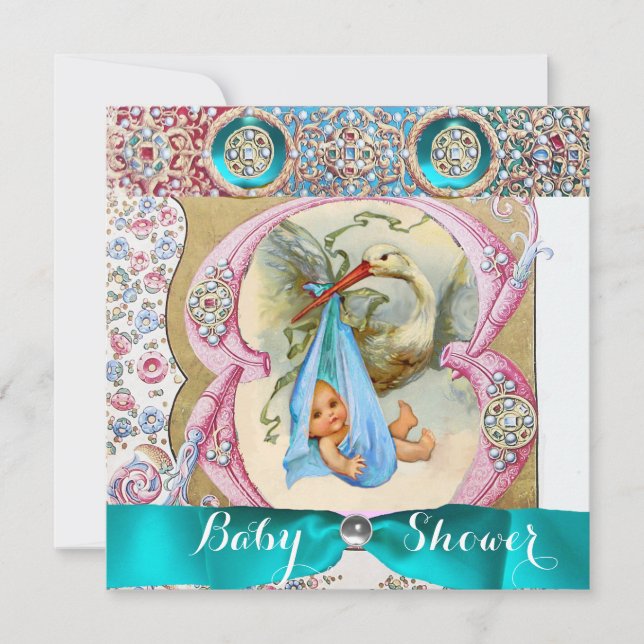 LITTLE PRINCE STORK BABY SHOWER,FLORAL GEMSTONES INVITATION (Front)