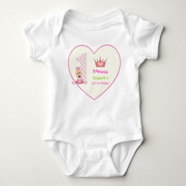 Little princess and crown girls 1st birthday pink baby bodysuit (Front)