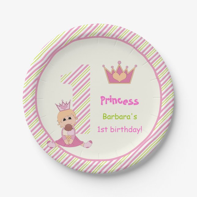 Little princess and crown girls 1st birthday pink paper plate (Front)