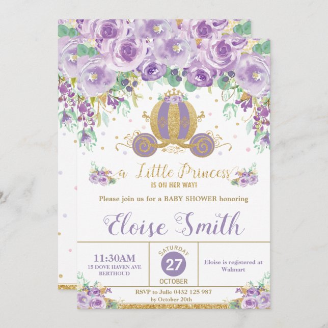 Little Princess Baby Shower Carriage Purple Floral Invitation (Front/Back)