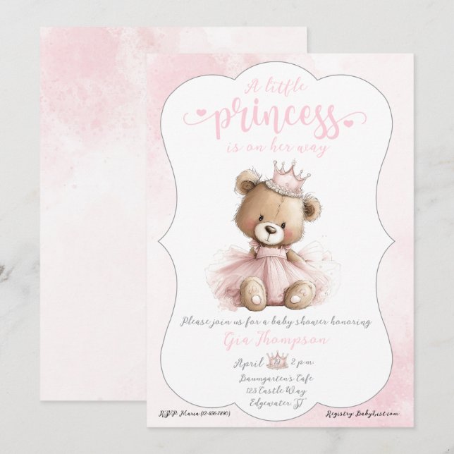 Little Princess Baby Shower Invitation with Teddy  (Front/Back)