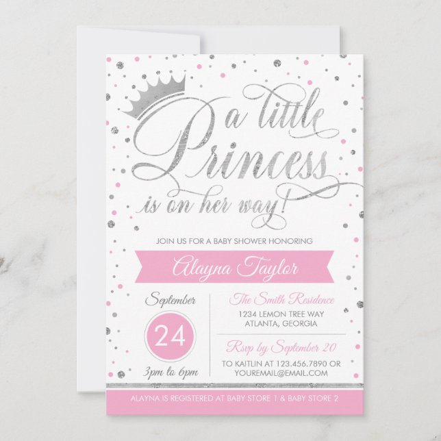 Little Princess Baby Shower Invite, Faux Glitter Invitation (Front)