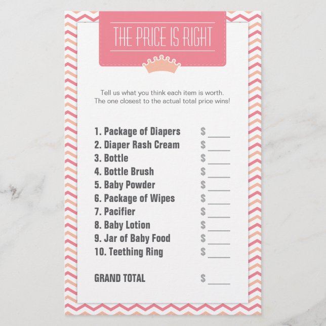 Little Princess Baby Shower Price is Right Stationery (Front)