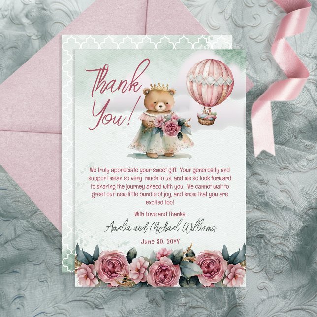 Little Princess Bear Girl Baby Shower Thank You Card (Creator Uploaded)
