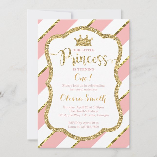 Little Princess Birthday Invitation in Pink & Gold (Front)
