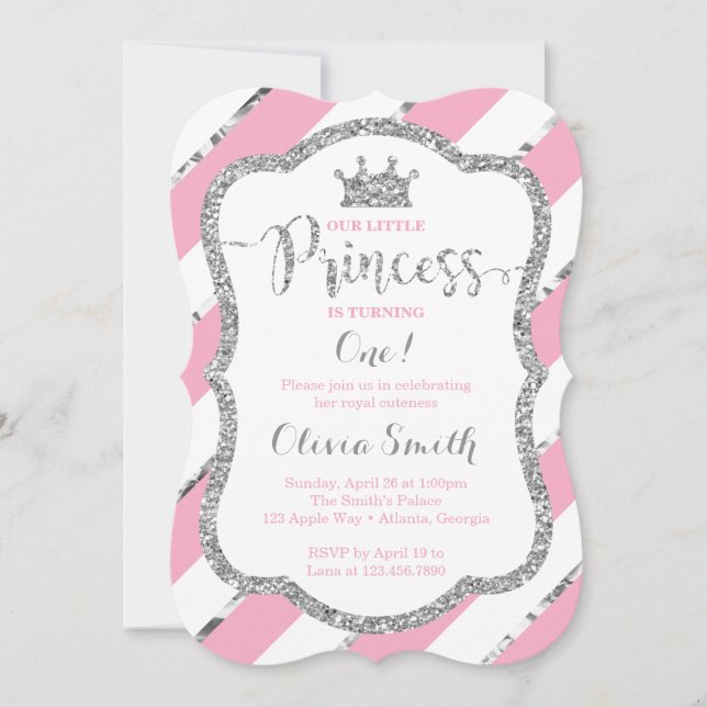 Little Princess Birthday Invitation Pink & Silver (Front)