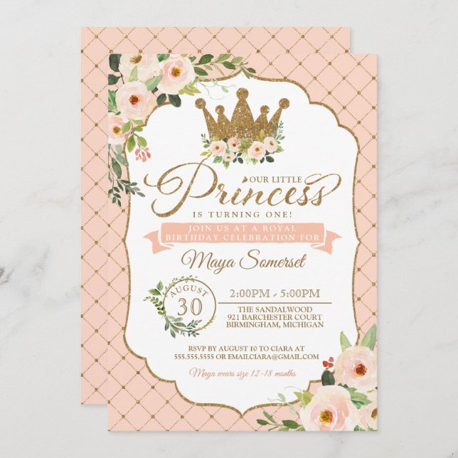 Little Princess Blush Floral Royal Birthday Invitation (Front/Back)