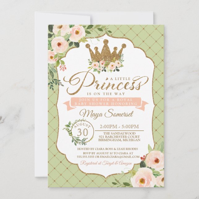 Little Princess Blush Mint Gold Royal Baby Shower Invitation (Front)
