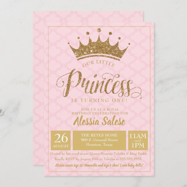 Little Princess Crown Girl 1st Birthday Invitation (Front/Back)