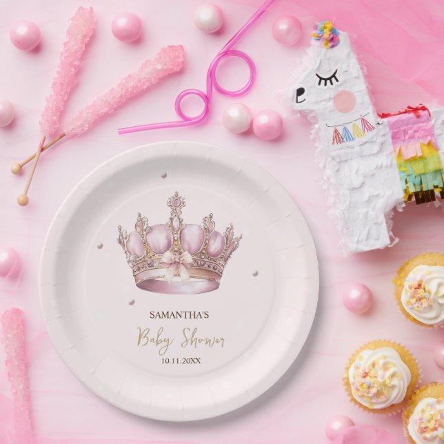 Little Princess Crown Pearls Dots Baby Shower Paper Plate (Party)
