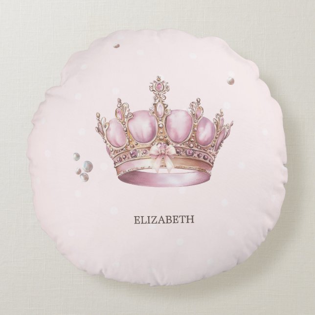 Little Princess Crown Pearls Dots Baby Shower Round Cushion (Front)