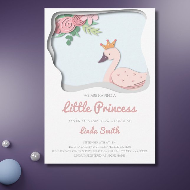 Little Princess Cute Swan Floral Girl Baby Shower Invitation (Creator Uploaded)
