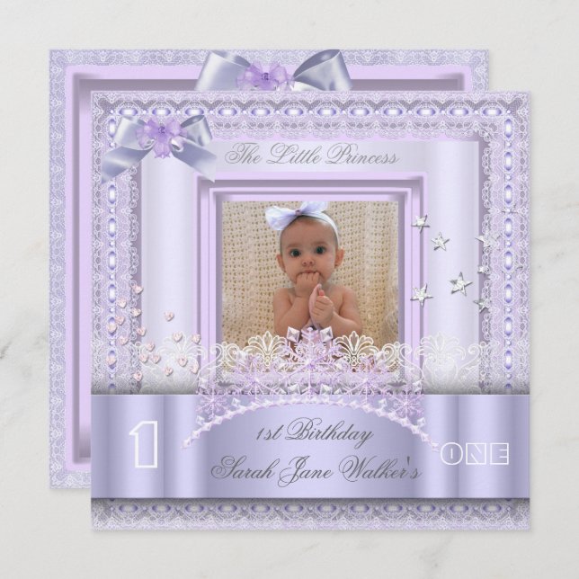 Little Princess First Birthday Party Photo Lilac 2 Invitation (Front/Back)