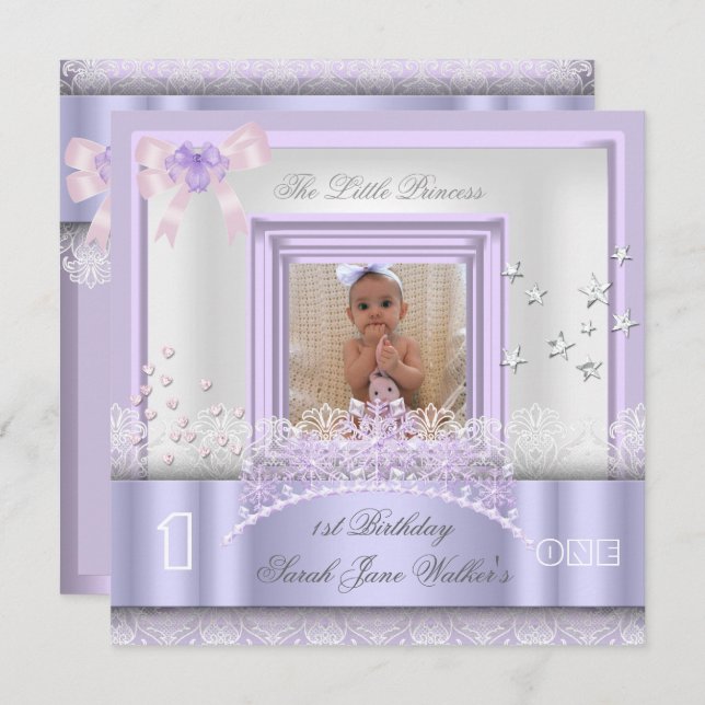 Little Princess First Birthday Party Photo Purple Invitation (Front/Back)