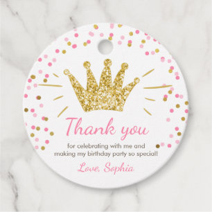 Little Princess Girl Birthday Pink Gold Crown Favour Tags