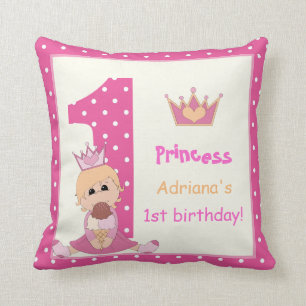 Little princess, girls 1st birthday pink polka dot cushion