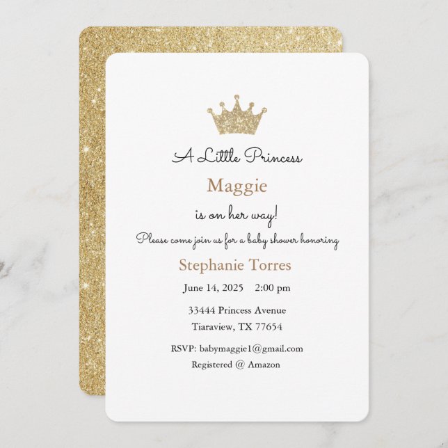 Little Princess Invitation, Gold Invitation (Front/Back)