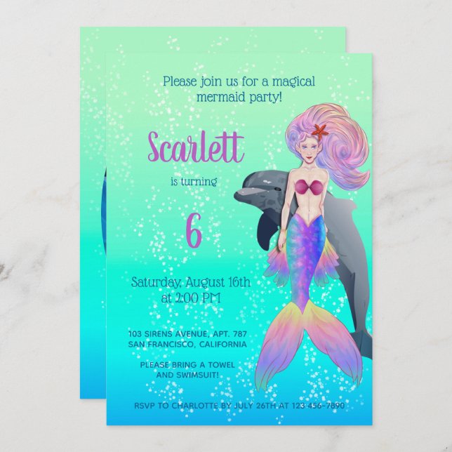 Little Princess Mermaid Bubbles Birthday Photo Invitation (Front/Back)