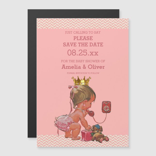 Little Princess on Phone Save The Date Chevrons Magnetic Invitation (Front/Back)