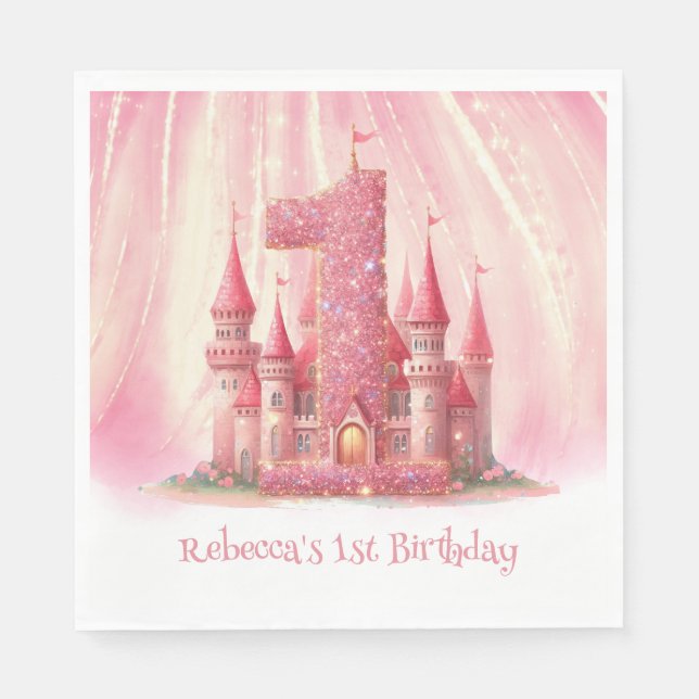 Little Princess Pink Castle 1st Birthday Napkin (Front)