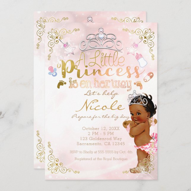 Little Princess Pink Ethnic Dark Baby Girl Shower Invitation (Front/Back)