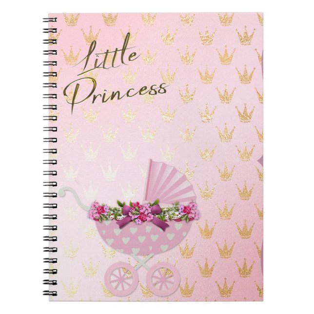 Little Princess Pink & Gold Crown Baby Carriage Notebook (Front)