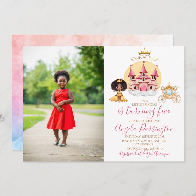 Little princess royal celebration 5 watercolor invitation (Front/Back)