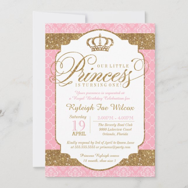 Little Princess Royal Pink Gold Birthday or Shower Invitation (Front)