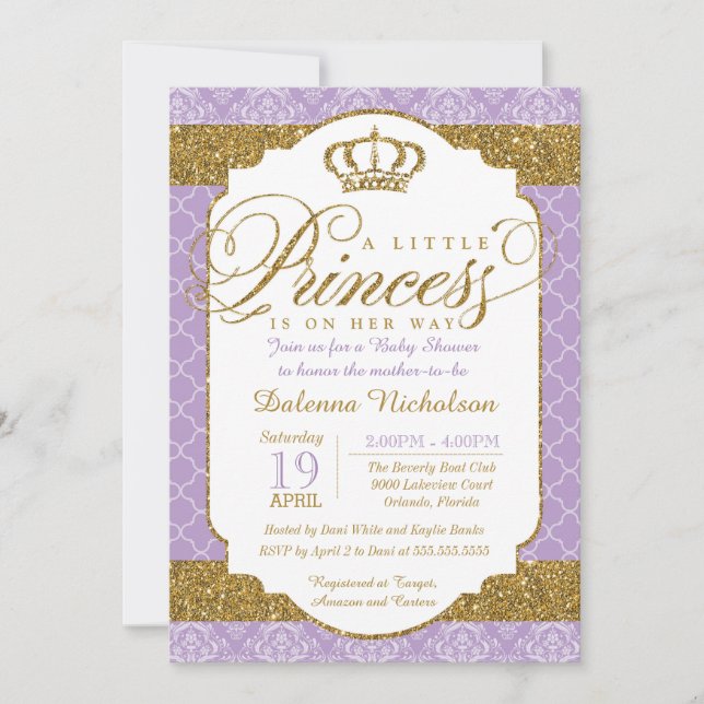 Little Princess Royal Purple and Gold Baby Shower Invitation (Front)