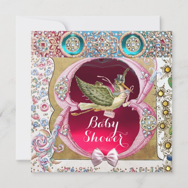 LITTLE PRINCESS STORK BABY SHOWER,FLORAL GEMSTONES INVITATION (Front)