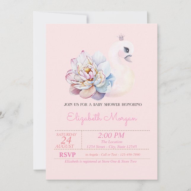 Little Princess, Swan,Floral Pink Baby Shower Invitation (Front)