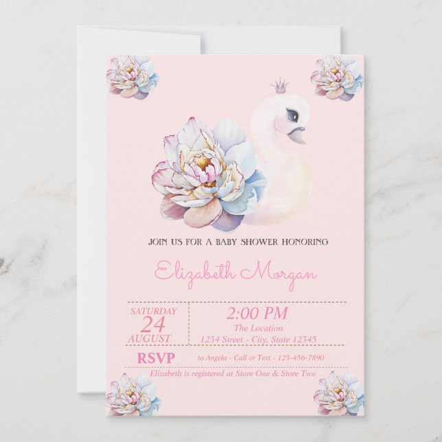 Little Princess, Swan,Flowers Pink Baby Shower Invitation (Front)
