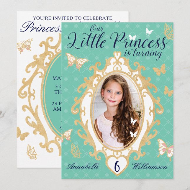 Little Princess Teal & Gold Birthday Invitation (Front/Back)