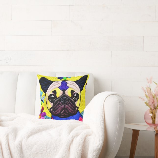 Little Pug Puppy Quilt Like Design Cushion (Couch)