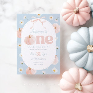 Little Pumpkin 1st Birthday Daisies Blue Pink Bow Invitation