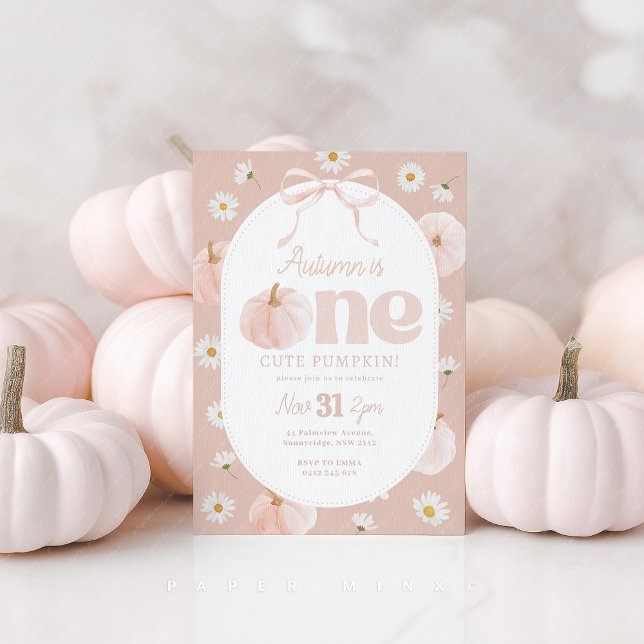Little Pumpkin 1st Birthday Daisies Pink Bow Invitation (One Cute Pumpkin Girl's 1st birthday Invitation in pink with pumpkins, daisies and bow. )