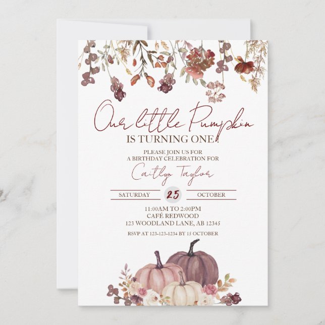 Little Pumpkin 1st Birthday, Floral First Birthday Invitation (Front)