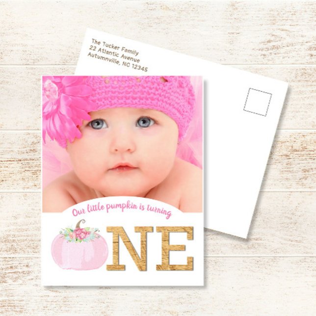 Little Pumpkin 1st Birthday Girl Invitation Postcard (Creator Uploaded)