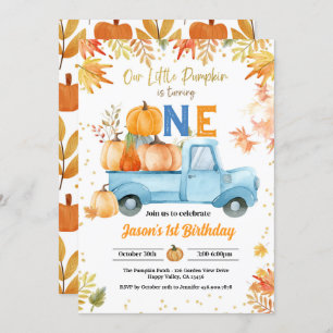 Little Pumpkin 1st Birthday Party Boy Blue Truck Invitation