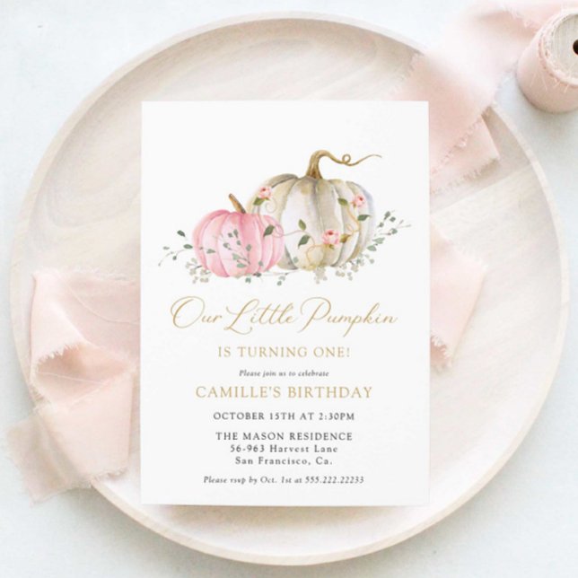 Little Pumpkin 1st Birthday Pink Floral Invitation (Creator Uploaded)